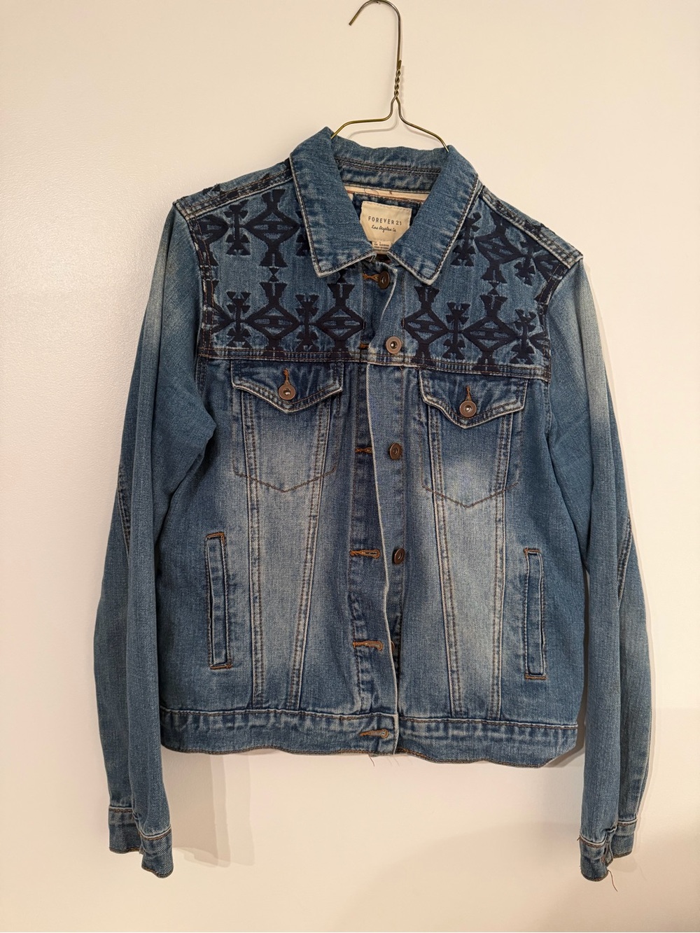 Forever 21 Denim Jacket with Dark Geometric Embroidery